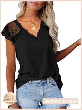 Black Lace Trim V-Neck Women’s Top
